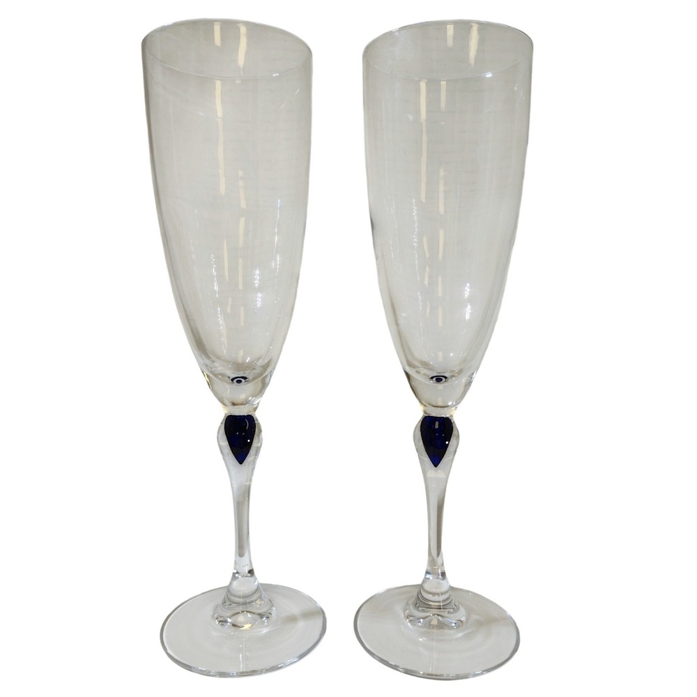 Cristal D'Arques Venice Saphir Blue Teardrop Champagne Flutes Set of 2 French